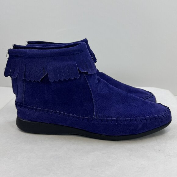 ABCDEFG Womens Size 8.5 W Purple Leather Moccasin Ankle Boots Suede Fringe Zip - Picture 3 of 14
